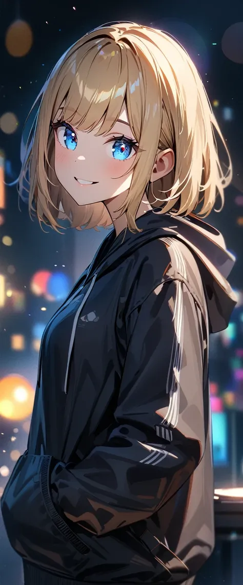 (((One girl))), blond hair, bob cut, (upper body), (looking at viewer), breasts, teenager, head tilt:1.3, (((blue eye))), (from side), hand in pocket, ((happy smile)), black hoodie, black shorts, anime style, (best quality, 4k, 8k, highres, masterpiece:1.2...