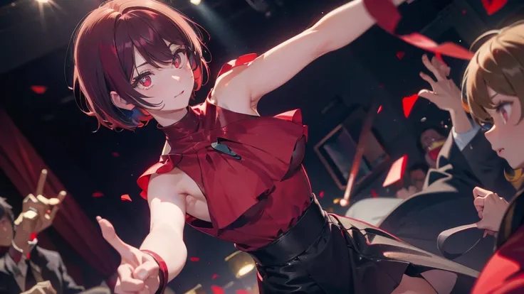 A short bob-haired, red-eyed,dance,Five fingers