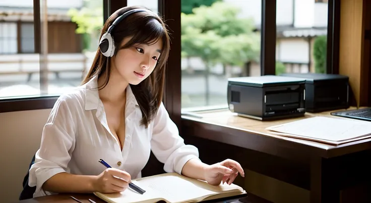 A 20-year-old woman, half Japanese and half French. Studying at a desk with a PC in the morning. Outside the window is the Gion district of Kyoto. Headphones.　
She has brown hair, a white shirt with the second button undone, exposing her cleavage.

