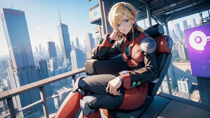 among other things_Megamanx sits on the edge of a building in Tokyo – the cyberpunk city in the background