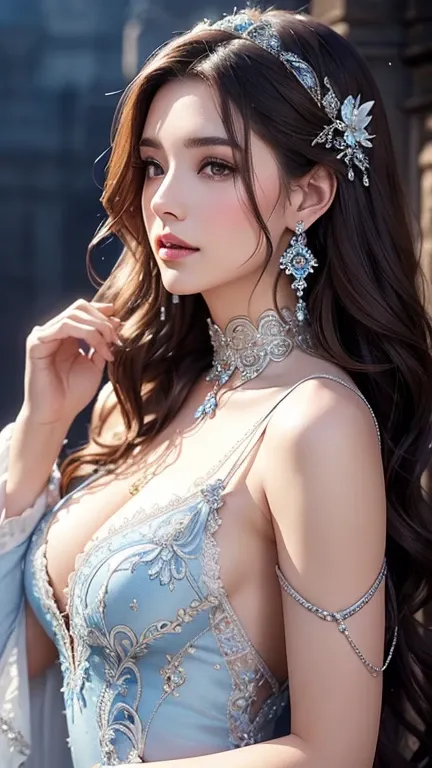 Woman with long, wavy brown hair wearing a low-cut, white and blue dress adorned with silver embellishments and a lace choker. She is also wearing dangling, ornate earrings, ancient castle and foggy background