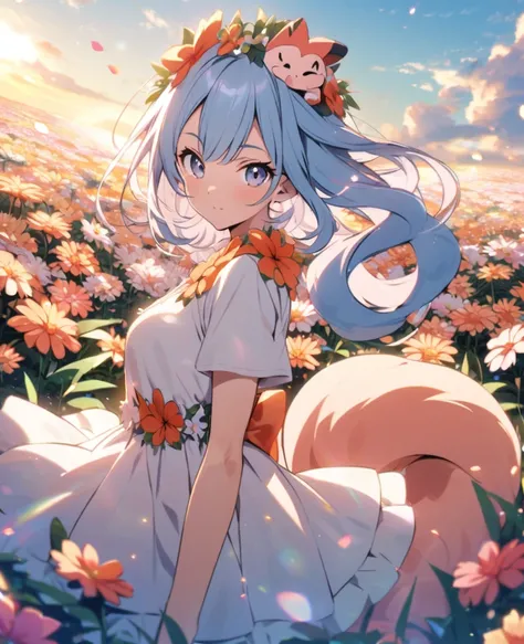 Pokémon Aloha Vulpix in a flower field looking at the viewer