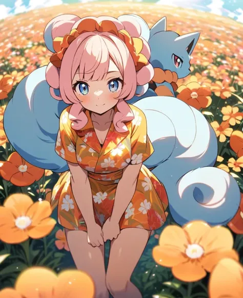 Pokémon Aloha Vulpix in a flower field looking at the viewer