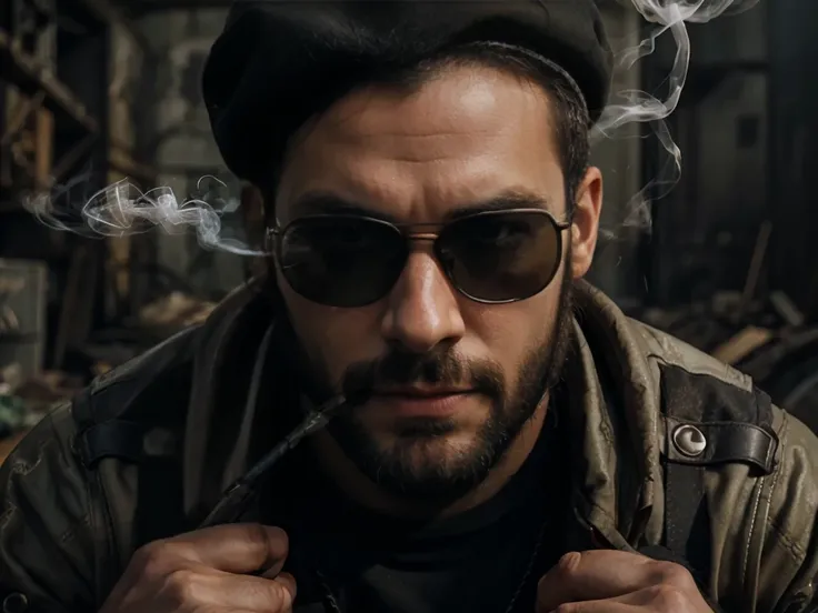 a man of strong build, fallout bandit, Black Beret, He has a well-defined jaw and a serious expression, His skin is clear, and he has a short beard, smoking, sunglasses