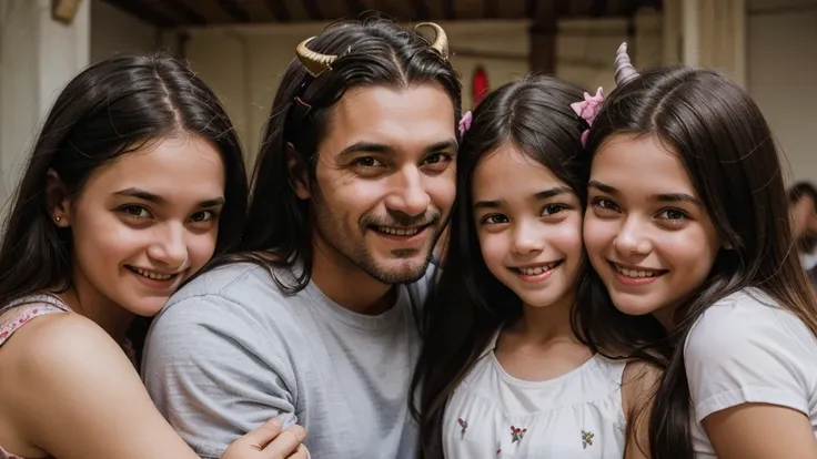 a father embracing his two daughters, the father has a smile and devil horns, his daughters have a face of happiness and innocen...