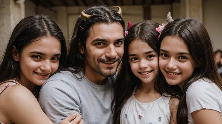 a father embracing his two daughters, the father has a smile and devil horns, his daughters have a face of happiness and innocen...