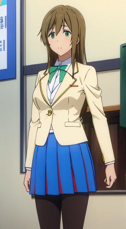 long brown hair, green eyes, blue and red skirt, white blouse, blue blazer, long black pantyhose, brown foot is 