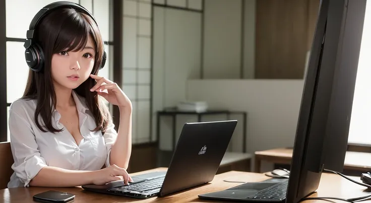 A 20-year-old woman, half Japanese and half French. Studying at a desk with a PC in the morning. Outside the window is the Gion district of Kyoto. Headphones.　
She has brown hair, a white shirt with the second button undone, exposing her cleavage.

