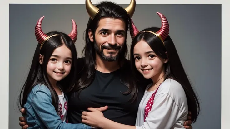 a father embracing his two daughters, the father has a smile and devil horns, his daughters have a face of happiness and innocen...