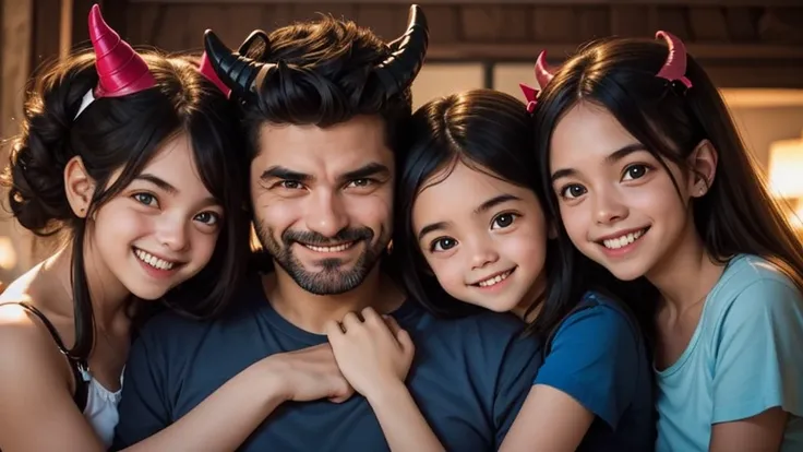 a father embracing his two daughters, the father has a smile and devil horns, his daughters have a face of happiness and innocen...