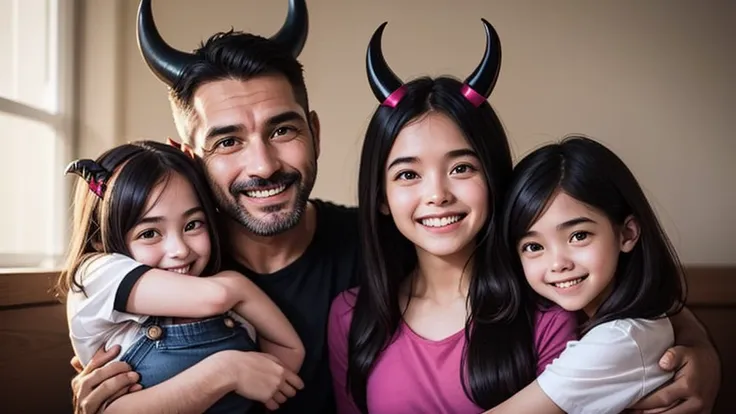 a father embracing his two daughters, the father has a smile and devil horns, his daughters have a face of happiness and innocen...