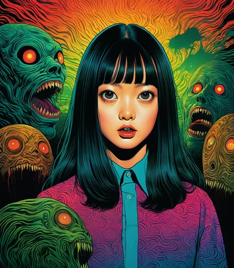 An illustration、art、70s horror movie posters, Supervised by Junji Ito、High detail, Realistic Shadows、Analog Style, chromatic aberration, Surrealism、Complementary Gradient