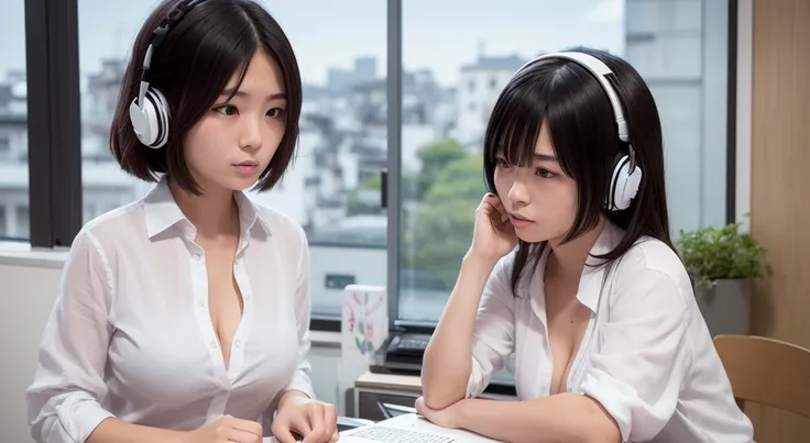 A 20-year-old woman, half Japanese and half French. Studying at a desk with a PC in the morning. Outside the window is the Gion district of Kyoto. Headphones.　

Her one-length white shirt is unbuttoned to the second button, exposing her cleavage.

