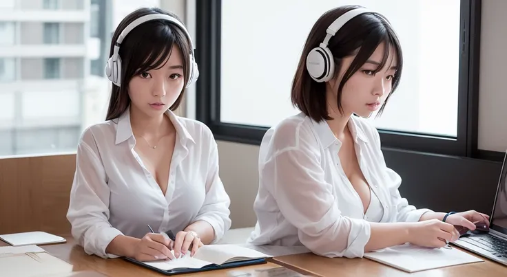 A 20-year-old woman, half Japanese and half French. Studying at a desk with a PC in the morning. Outside the window is the Gion district of Kyoto. Headphones.　

Her one-length white shirt is unbuttoned to the second button, exposing her cleavage.

