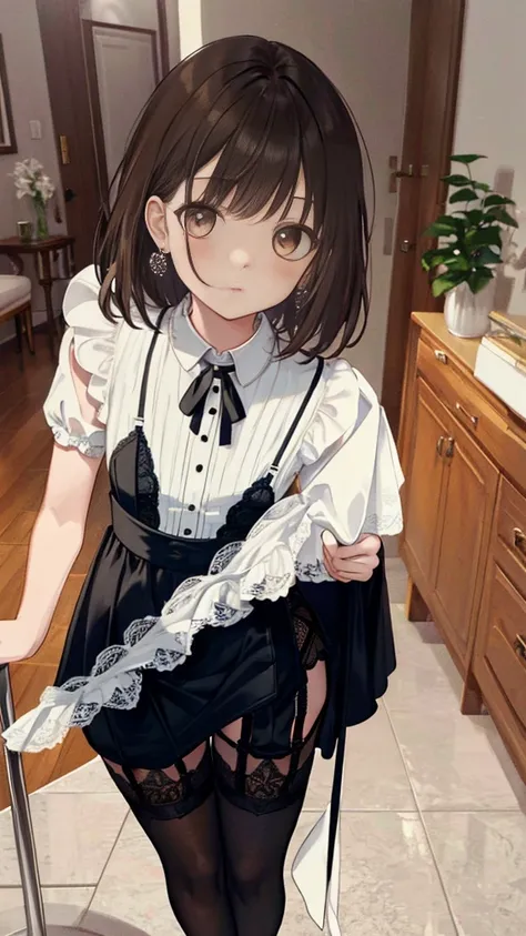 ((masterpiece)), ((best quality)), ((ultra detailed)), ((kawaii)), cute, (lovely), ((extremely detailed)), ((8K)), (beautiful), full body, luxury room, a cute girl, 1girl, solo, blue mini camisole dress,beautiful darkbrown hair, ((detailed beautiful brown ...