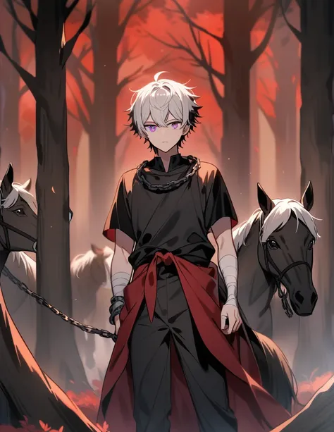 Greek boy with white hair, violet eyes, with bandaged wrists, looking at black horses tied by chains, in a
 red forest of dead trees