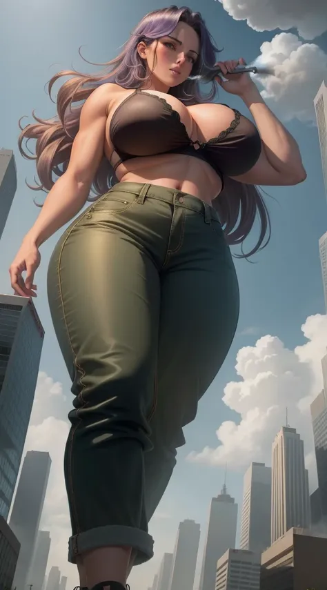 "A towering Giantess in a cool and laid-back hippie style is rocking a crop top and baggy pants. Her toned and athletic build hints at her massive strength. She seems to be casually strolling through the bustling cityscape of GTS City, as towering building...