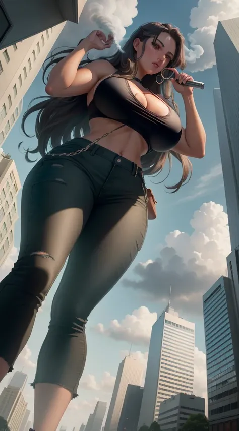 "A towering Giantess in a cool and laid-back hippie style is rocking a crop top and baggy pants. Her toned and athletic build hints at her massive strength. She seems to be casually strolling through the bustling cityscape of GTS City, as towering building...