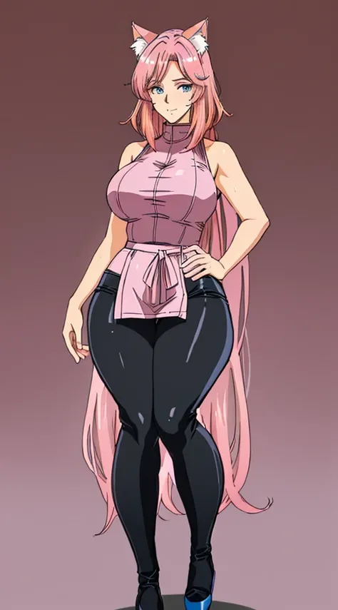 ((((mature adult tall, mature face)))), (cat ears),  ((gradient medium pink hair, medium hair)), glowing blue eyes, ((masterpiece, best quality)), (large breasts, wide hips, big ass, ((narrow waist))), ((heavy breathing)), sweat,