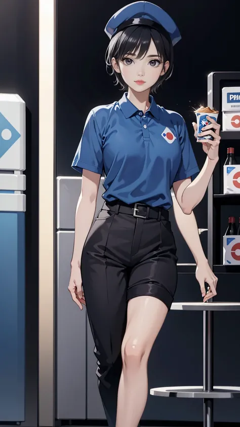 round eyes, pretty face, short korean men hair, dimash kudaibergen as a male dominos pizza employee is standing, a plate of pizza, blue polos shirt short sleeve, black cinos pants, wearing black front cap, serious face expression, full hd resolution domino...