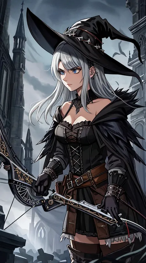 (gothic, monster hunter, holding crossbow, Van Helsing, crossbow:1.2), hat, cleavage, night, dim lighting, dark, creepy, curvy, thick, collarbone, small nipples, large breasts, detailed face, motivated light, dangerous mood, seductive mood, sexy, beckoning...