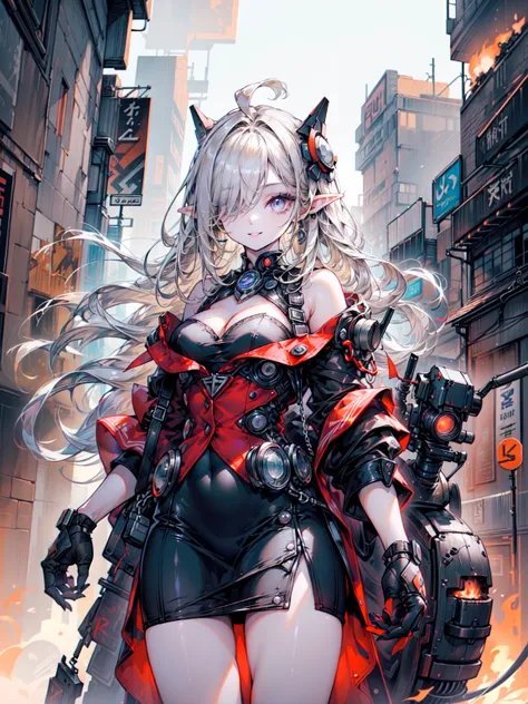 super high quality、8K quality、High resolution、Image quality captured with a single-lens reflex camera、(SFW)、Perfect Anatomy、(crimson theme）Police Mecha Girl、Beautiful girl of 20 years old with medium blonde hair.Orange eyes、(Good shape、Normal chest、Cleavag...