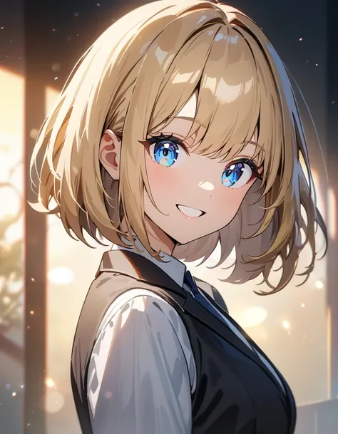 (((One girl))), blond hair, bob cut, (upper body), (looking at viewer), breasts, teenager, head tilt:1.3, (((blue eye))), (from side), ((happy smile)), white shirt, blazer, black skirt, anime style, (best quality, 4k, 8k, highres, masterpiece:1.2, ultra-de...