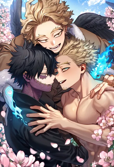 absurdres, highres, ultra detailed, HDR, master piece, best quality, extremely detailed face, delicated features, Hawks, ash blond hair, expressive brown eyes, Boku No Hero Academia, Dabi, black hair, expressive turquoise eyes, two sexy men together, yaoi,...