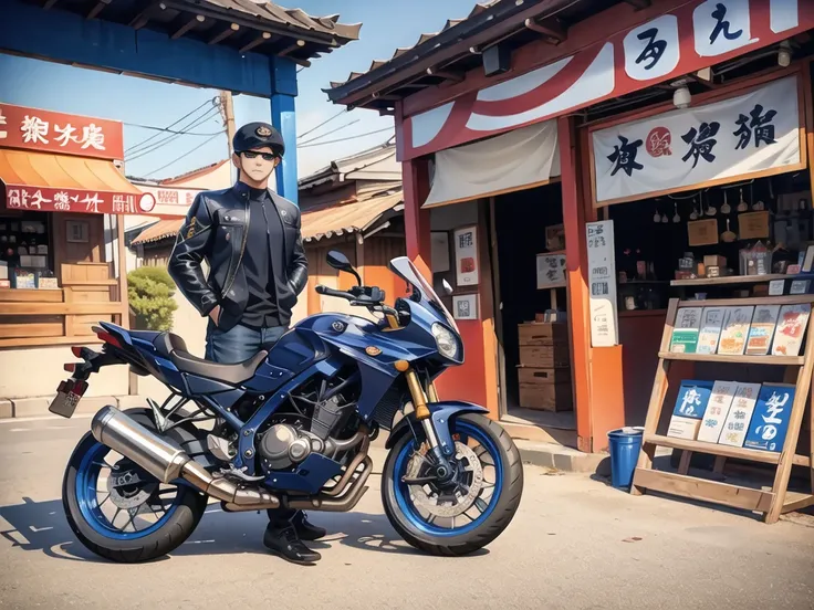 In front of the noodle shop, a navy blue motorcycle is in front.