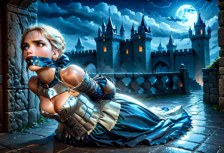 Graphics novel illustration, best quality, high resolution, 8k aesthetic, mesmerizing celestial moonlight, 
Over the walls of a large castle. A beautiful young woman in an ArmoredDress hogtied, laying on stomach, feet together, (otm gag:1.5). Large walls i...