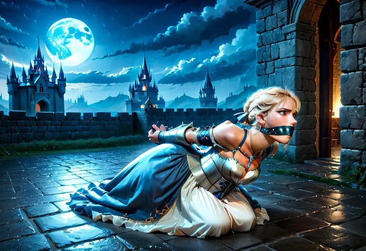 Graphics novel illustration, best quality, high resolution, 8k aesthetic, mesmerizing celestial moonlight, 
Over the walls of a large castle. A beautiful young woman in an ArmoredDress hogtied, laying on stomach, feet together, (otm gag:1.5). Large walls i...