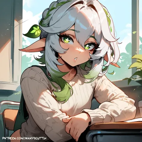 1girl, nahida (genshin impact), genshin impact  masterpiece, best quality, very aesthetic, absurdres, newest  slim body,///// ,by nyantcha,cutesexyrobutts , by khyle,,////// beautiful face, sexy,  , at school, windows, greenery, sweater,,at desk, looking a...