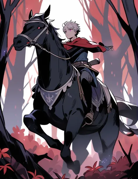 Greek boy with white hair, violet eyes, with bandaged wrists, riding black horses with red manes, in a
 red forest of dead trees