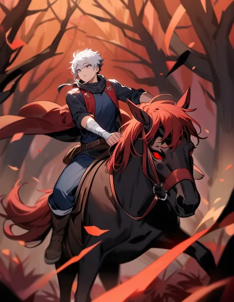 Greek boy with white hair, violet eyes, with bandaged wrists, riding black horses with red manes, in a
 red forest of dead trees