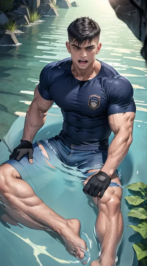 1 man,(lying on the water wall:1.6),(crew cut short hair:1.3),black eye,(Wear a fitted round neck t-shirt in navy with a police badge.:1.3),(fit neck),Navy blue jeans,(black_gloves),
Korean guy,chest muscles,large arm muscles,blood vessel,Big muscles,Broad...