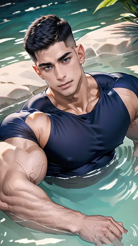 1 man,(lying on the water wall:1.6),(crew cut short hair:1.3),black eye,(Wear a fitted round neck t-shirt in navy with a police badge.:1.3),(fit neck),Navy blue jeans,(black_gloves),
Korean guy,chest muscles,large arm muscles,blood vessel,Big muscles,Broad...