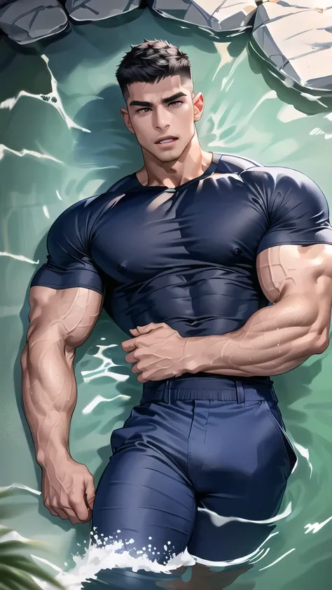 1 man,(lying on the water wall:1.6),(crew cut short hair:1.3),black eye,(Wear a fitted round neck t-shirt in navy with a police badge.:1.3),(fit neck),Navy blue jeans,(black_gloves),
Korean guy,chest muscles,large arm muscles,blood vessel,Big muscles,Broad...