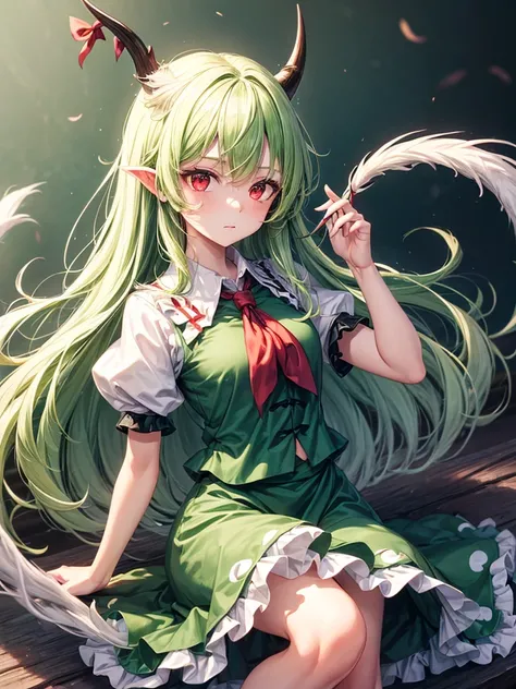 1girl, ex-keine (touhou), red eyes, long hair, two-tone hair, white hair, green hair, sidelocks, bangs, horns, green dress, collared dress, puffy short sleeves, red neckerchief, tail, horn bow