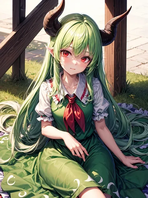 1girl, ex-keine (touhou), red eyes, long hair, two-tone hair, white hair, green hair, sidelocks, bangs, horns, green dress, collared dress, puffy short sleeves, red neckerchief, tail, horn bow