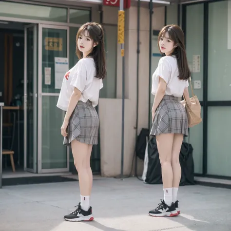 A brunette girl in an office skirt and a white T-shirt stands on the gray floor of a building，穿着高跟sports shoes和灰色紧身裤，with her back to us，Take full-body photos。This photo was taken with a Canon camera，And posted on TikTok。It features a girl with long straig...