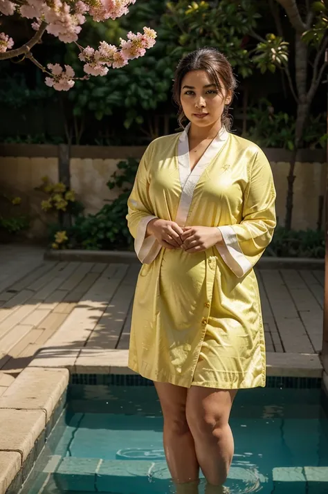 a woman with a slightly fat body, wearing a sharia robe, standing in a beautiful yard, with a swimming pool around it, in the light of the setting sun, with yellow cherry blossom leaves scattered around.