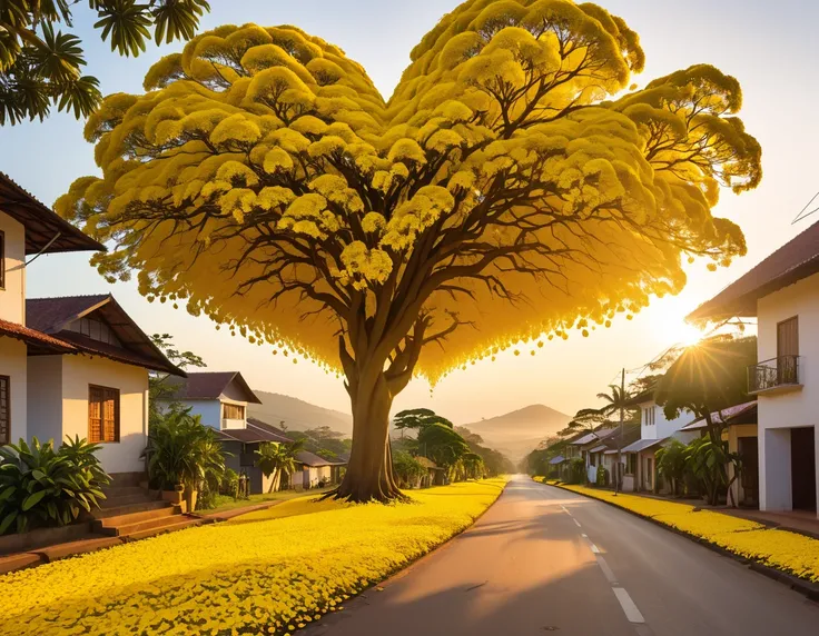 Spring has arrived. The roads and streets of rural towns in Brazil are covered with yellow leaves. Yellow petals hang from the branches of flowering yellow lapacho (Handroanthus serratifolius), a huge heart-shaped tree, a vast expanse of yellow, ultra-high...