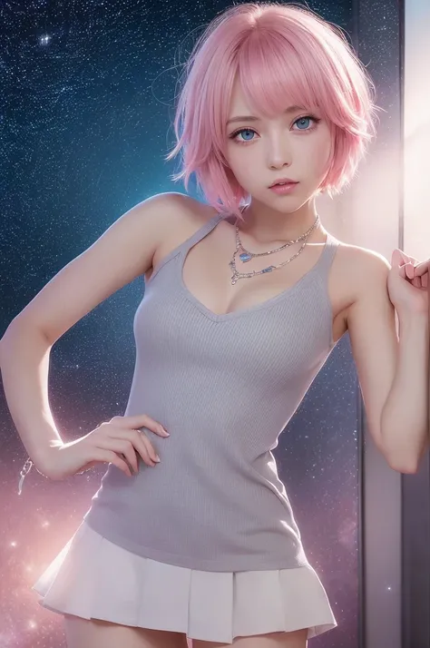 (8k high quality), (2d high quality), (high anime quality), (beautiful young girl), (beautiful face), (shining, short pink hair), (galaxy blue eyes, almond shape eyes), (shining smooth skin), (beautiful thin eyebrow), (beautiful wristwatch), (beautiful sil...