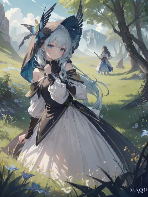 (masterpiece, top quality, top quality, official art, beautiful and aesthetically pleasing: 1.2), 1 girl, One, marquise, seeker of adventures, hood, meadow, detailed background, otherworldly fantasy with stunning modeling and highly detailed writing, one o...