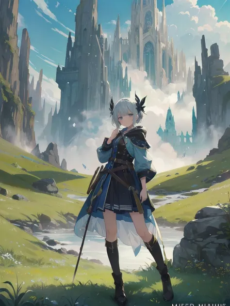 (masterpiece, top quality, top quality, official art, beautiful and aesthetically pleasing: 1.2), 1 girl, One, marquise, seeker of adventures, hood, meadow, detailed background, otherworldly fantasy with stunning modeling and highly detailed writing, one o...