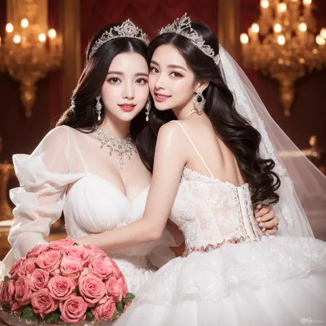 (highest quality、table top、8k、best image quality、Award-winning work)、two pregnant bride is deeply in love with each other, kiss、The most extravagant and finest giant wedding dresses、The most luxurious and highest quality giant tiara、The most luxurious and ...