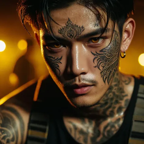 close-up face shots; a handsome young thai man with detailed tattoo on face, wearing a trousers with a face full of sweat, the a...