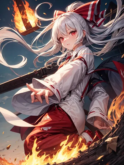 1girl, fujiwara no mokou (touhou), red eyes, very long hair, white hair, grey hair, sidelocks, bangs, hime cut, white shirt, beige shirt, collared shirt, buttons, long sleeves, sleeve garter, suspenders, red pants, baggy pants, pants, ofuda, ofuda on cloth...