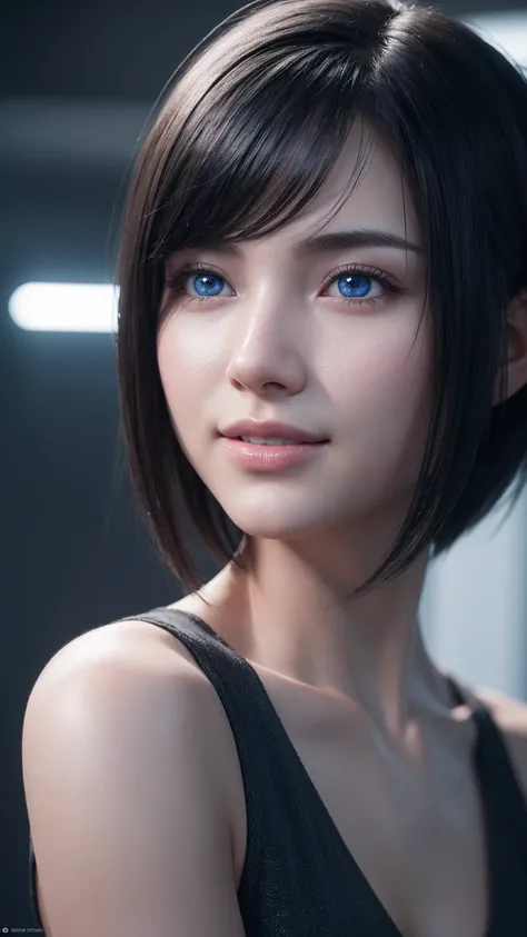 Unreal Engine, Octane Render, Realistic, Photorealism, 16k, 4k, Cinematic, artgerm, trending on  artstation, portrait, black hair, beautiful skin, hyper quality, highly detailed, cute, a women, 20 years old, natural make, short hair, blue eyes, smile,  