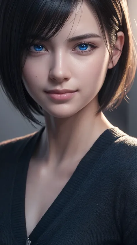 Unreal Engine, Octane Render, Realistic, Photorealism, 16k, 4k, Cinematic, artgerm, trending on  artstation, portrait, black hair, beautiful skin, hyper quality, highly detailed, cute, a women, 20 years old, natural make, short hair, blue eyes, smile,  